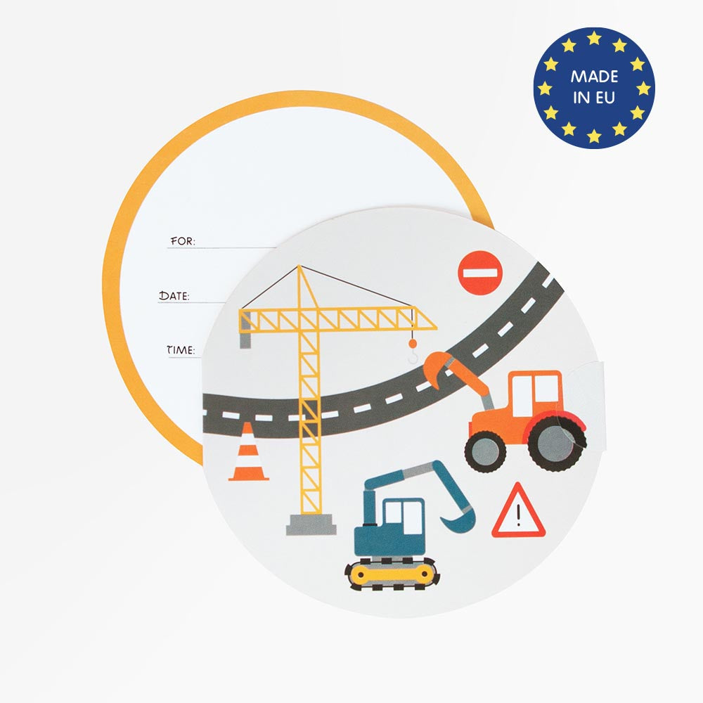 Convites da temática Construção, com 12cm de diâmetro.
Cada embalagem contém 8 convites, 8 envelopes e 8 stickers.