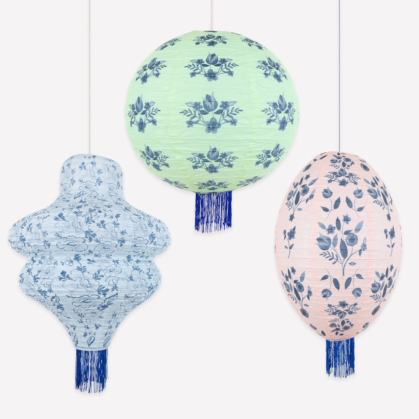 Vintage Botanical Lanterns set of three in mint, blue and pink