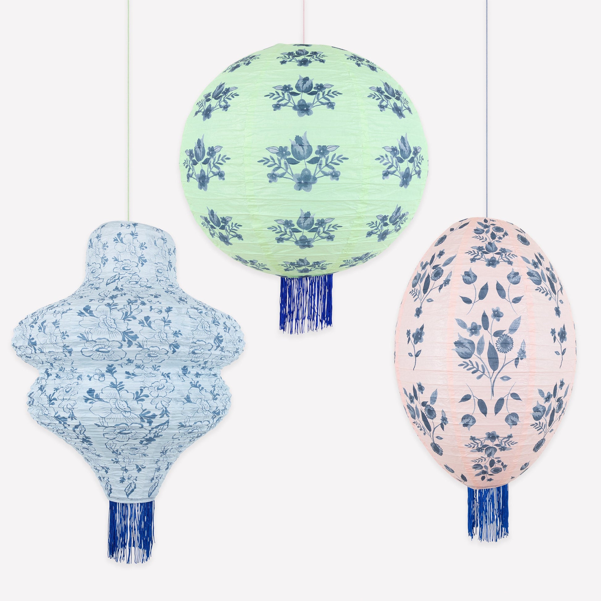 Vintage Botanical Lanterns set of three in mint, blue and pink