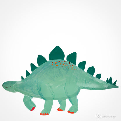 Pratos em forma de dinossauro, com a medida de 46,4 x 27,9.
Cada embalagem é composta por 4 unidades.