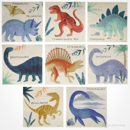 Guardanapos da temática Dinossauros, com a medida de 12,7 x 12,7 cm. Cada embalagem é composta por 16 unidades.