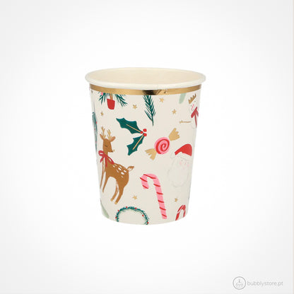 Copos com motivos festivos, com a capacidade de 256ml.
Cada embalagem contém 8 unidades.