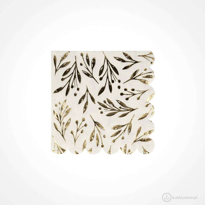Guardanapos com estampa de folhas dourado brilhante, com a medida de 12,7 x 12,7 cm.
Cada embalagem é composta por 16 unidades.