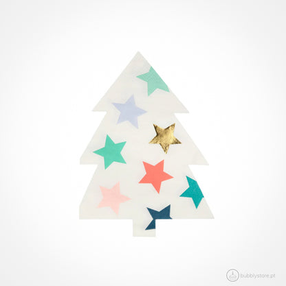 Guardanapos com formato de árvore de natal com estrelas estampadas, com a medida de 11,7 x 16,5 cm.
Cada embalagem é composta por 16 unidades.