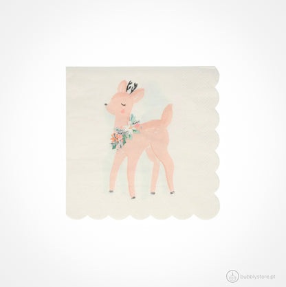 Guardanapos com estampa de dois veados rosa e dois veados azul, com a medida de 12,7 x 12,7 cm.
Cada embalagem é composta por 16 unidades.