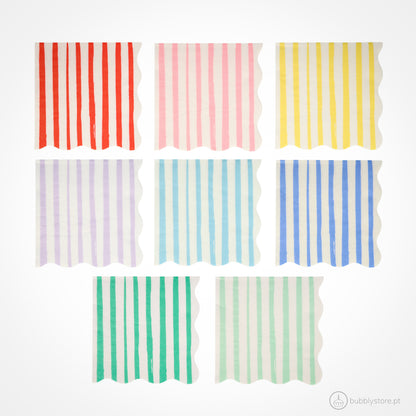 Guardanapos com riscas em 8 cores diferentes, com a medida de 12,7 x 12,7cm.
Cada embalagem é composta por 16 unidades.