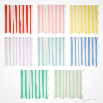 Guardanapos com riscas em 8 cores diferentes, com a medida de 16,5 x 16,5cm.
Cada embalagem é composta por 16 unidades.