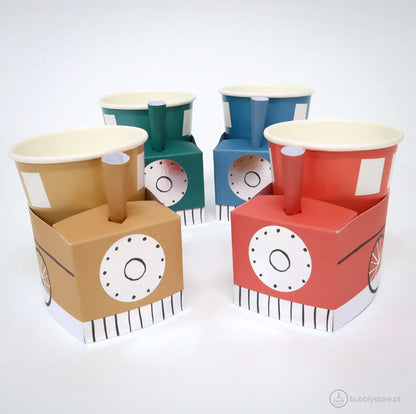 Copos da temática Comboios, com a capacidade de 256ml.
Cada embalagem contém 8 unidades com 4 cores diferentes.