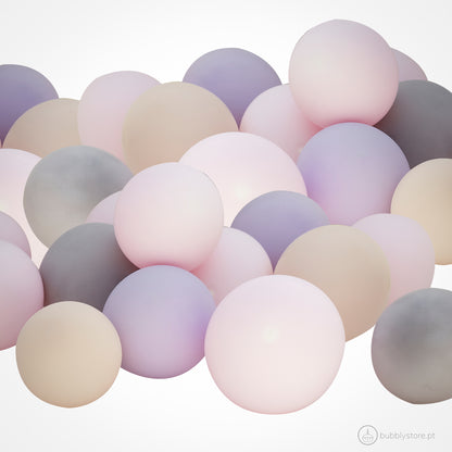 Kit de 40 balões em bege, roxo, cinza e rosa para decoração de festa aniversário, com a medida de 12cm.