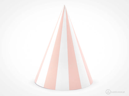 Conjunto chapéus com riscas brancas e rosa claro, com diâmetro de 10cm.
Cada embalagem contém 6 unidades.