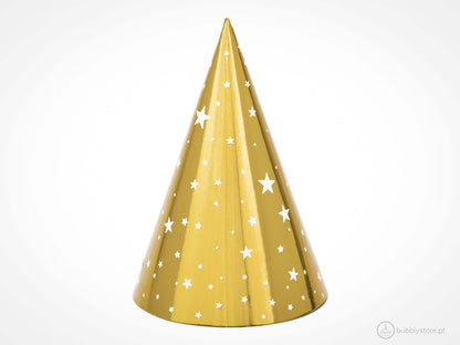 Conjunto chapéus dourados com estrelas brancas, com diâmetro de 10cm.
Cada embalagem contém 6 unidades.