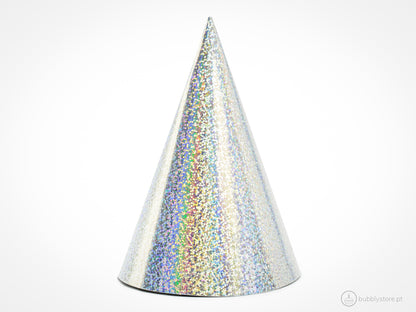 Conjunto chapéus holográficos prateados, com diâmetro de 10cm.
Cada embalagem contém 6 unidades.