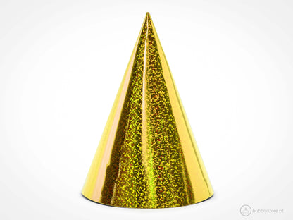 Conjunto chapéus holográficos dourados, com diâmetro de 10cm.
Cada embalagem contém 6 unidades.