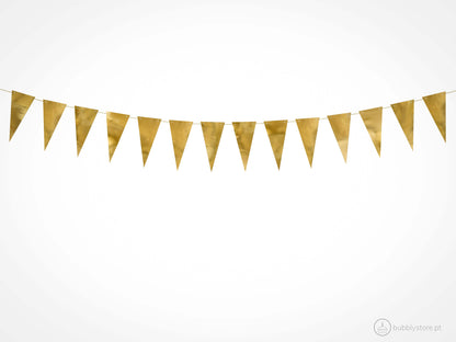 Grinalda com 14 bandeirolas douradas brilhantes para decoração de festa aniversário, com 2,15m.