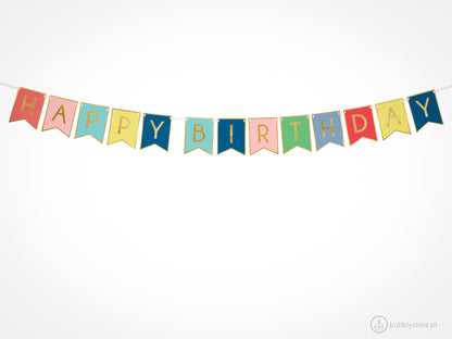Grinalda com letras Happy Birthday multicoloridas para decoração de festa aniversário, com a medida de 1,75m.