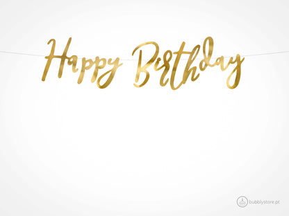 Grinalda com letras douradas para decoração festa aniversário, com aproximadamente 62 cm.