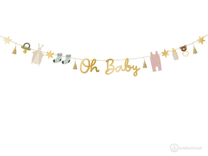 Grinalda com inscrição "Oh Baby" com vários designs para chá de bebé / revelaçao / baby shower. Tem comprimento de 2,5m.