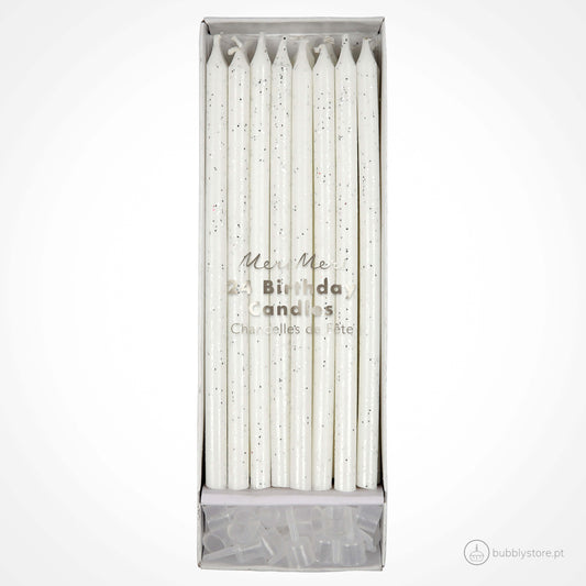 Tall Candles White Silver Glitter