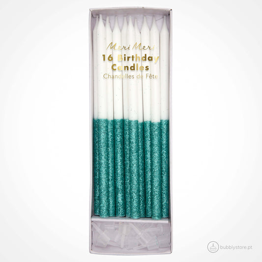 White Tall Candles with Green Glitter