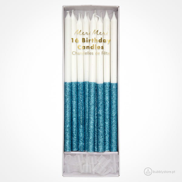 White Tall Candles with Blue Glitter