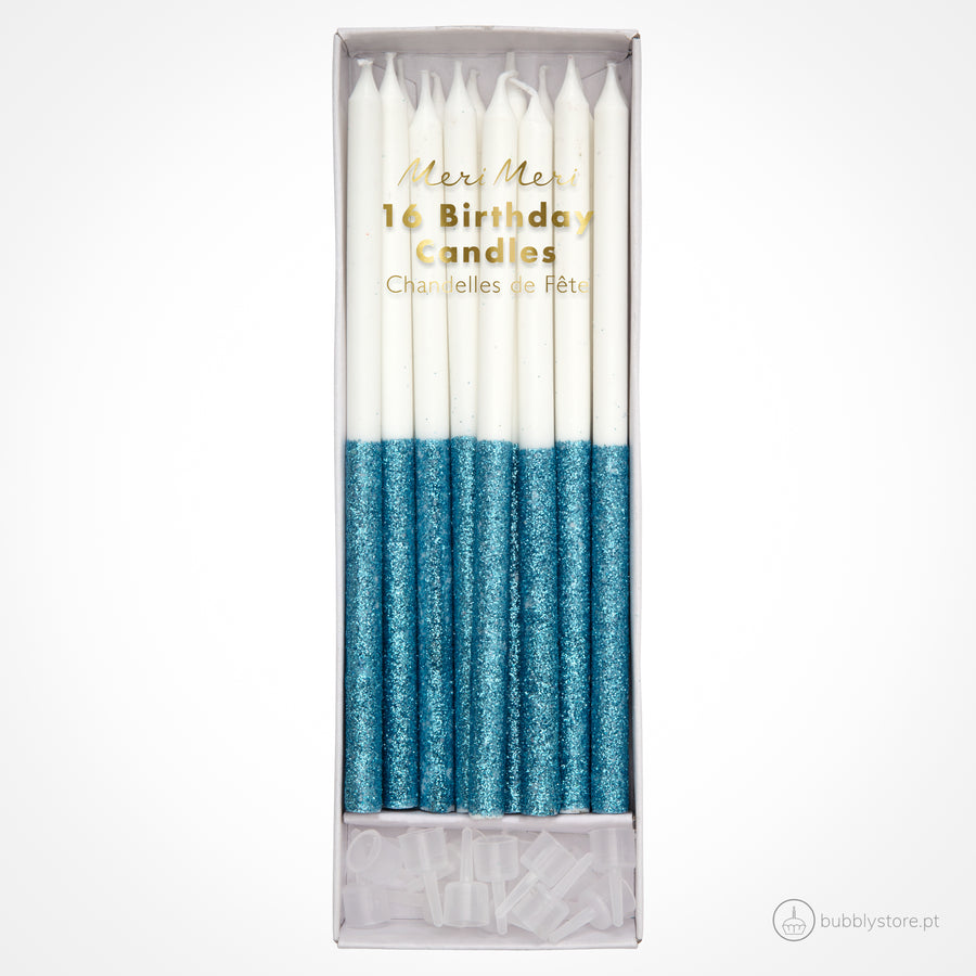 White Tall Candles with Blue Glitter