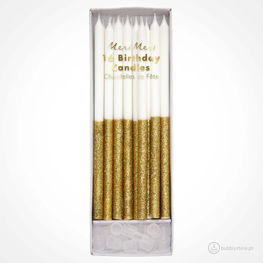 White Tall Candles with Gold Glitter