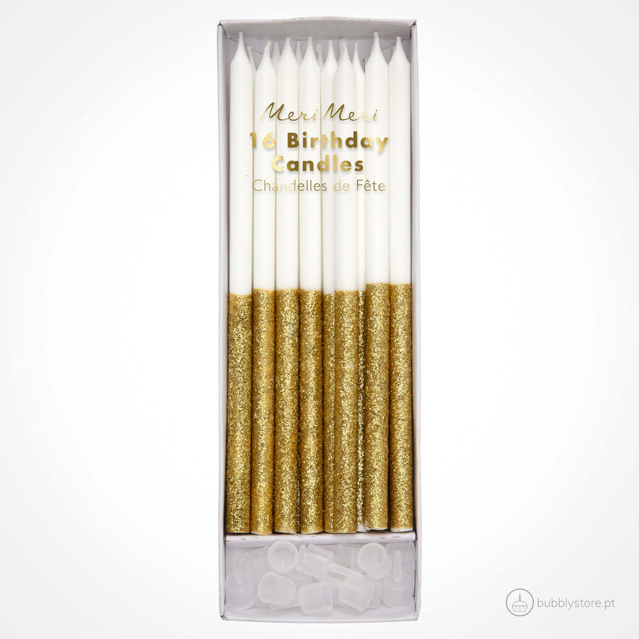 White Tall Candles with Gold Glitter