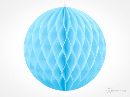Bolas de papel azul para decoração festa aniversário, com 10cm. Cada embalagem é composta por 1 unidade.