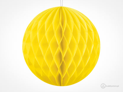 Bolas de papel amarelo para decoração festa aniversário, com 10cm. Cada embalagem é composta por 1 unidade.