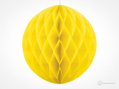 Bolas de papel amarelo para decoração festa aniversário, com 20cm. Cada embalagem é composta por 1 unidade.