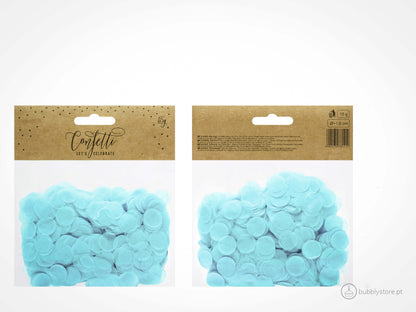 Confetis de papel azul claro para decoração festa aniversário, com diâmetro de 1,6cm. Cada embalagem contém 15g.