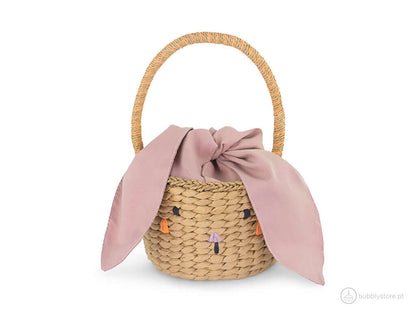 Cesta coelho com orelhas de tecido rosa para festa de páscoa ou do tema Peter Rabbit / Pedrito Coelho. Diâmetro de 17cm e 28cm de altura.