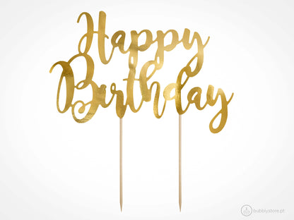 Topo de bolo Happy Birthday dourado, com altura de 22,5cm.
Cada embalagem contém 1 unidade.