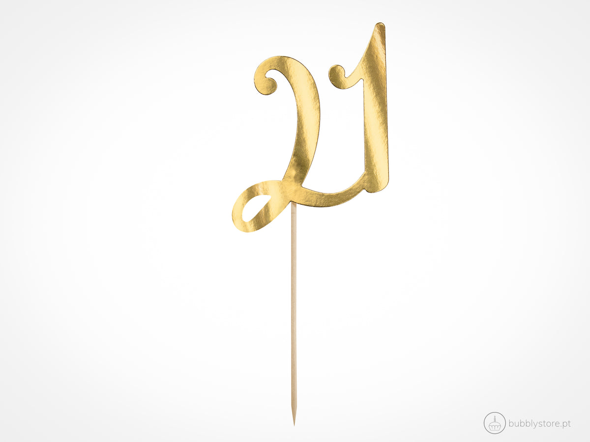 Topo de Bolo 21 anos dourado para decoração de festa aniversário, com altura de 20,5cm.
Cada embalagem contém 1 unidade.