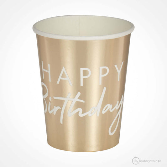 Copos de papel Happy Birthday dourados, com a capacidade de 400 ml.
Disponíveis em conjuntos de 8 unidades.