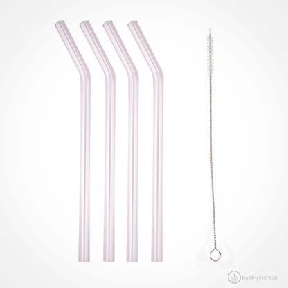 Conjunto de 4 palhas de vidro rosa reutilizáveis, com a medida de 18,5cm. Cada embalagem contém 5 palhas e 1 escova de limpeza.