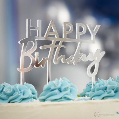 Topo de Bolo Happy Birthday Prateado (11 x 12 cm)