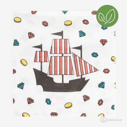 Guardanapos da temática Piratas, com a medida de 16,5 x 16,5 cm. Cada embalagem é composta por 20 unidades.