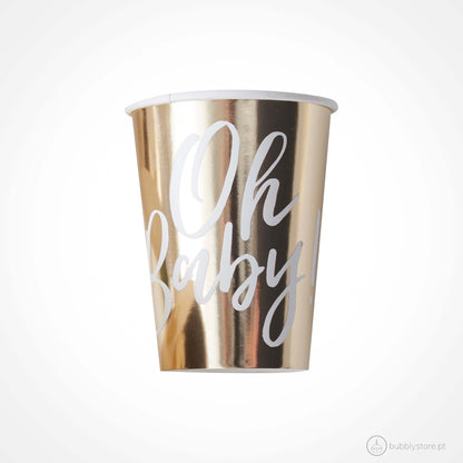 Copos dourados com estampa Oh Baby a branco, com a capacidade de 260ml.
Cada embalagem contém 8 unidades.