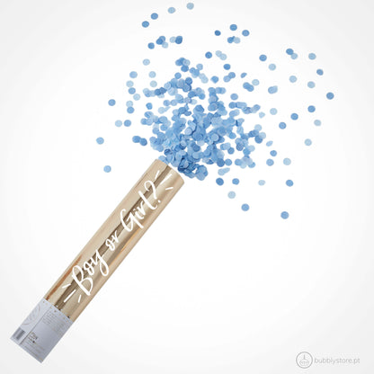 Canhão de confetis azul para festa baby shower / chá de bebé / revelação, com a medida de 30cm. Cada embalagem contém 1 unidade.