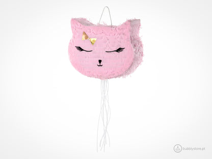 Pinhata em forma de Gato, com 35 x 27 x 9 cm. Preparada para encher de doces e pendurar.