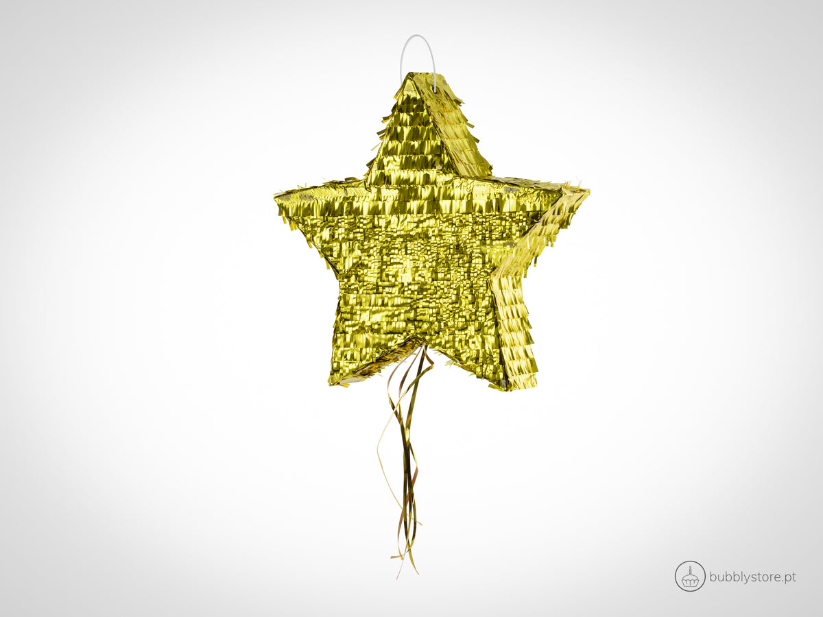 Pinhata em forma de Estrela, com 44,5 x 42,5 x 9 cm. Preparada para encher de doces e pendurar.