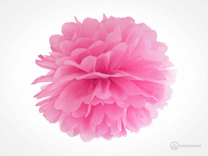Pompom de papel cor rosa para decoração festa aniversário, com 25cm de diâmetro.