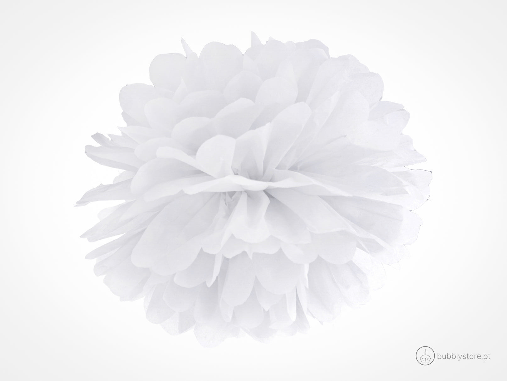 Pompom de papel cor branco para decoração festa aniversário, com 25cm de diâmetro.