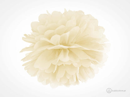 Pompom de papel cor creme para decoração festa aniversário, com 35cm de diâmetro.