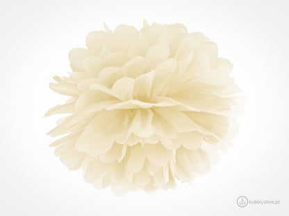 Pompom de papel cor creme para decoração festa aniversário, com 25cm de diâmetro.