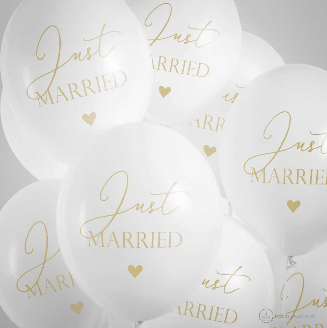 Just Married Balloons Pure White w/ Gold