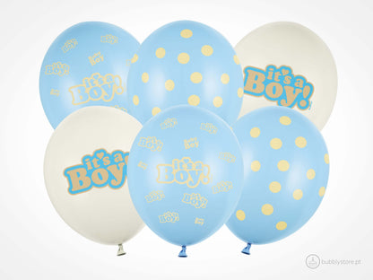 Balões de latex com estampa "It's a Boy" com 30 centímetros de diâmetro para decoração de festa baby shower / chá de bebé / revelação de menino.