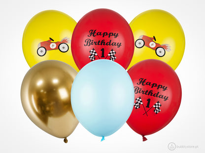 Balões aniversário impressos com motivos de corrida, 30 centímetros de diâmetro, para decoração festa aniversário do tema carros / corridas.