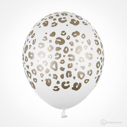 Balões de latex brancos com padrão de leopardo em dourado, com 30 centímetros de diâmetro. Aptos para enchimento com hélio. Preço por unidade.